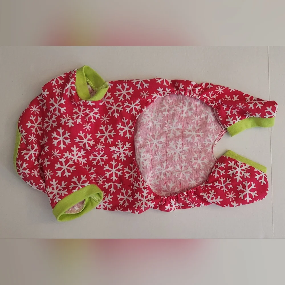 Dog cat outfit red white snowflakes green trim With ruffle Butt Pjs Pajamas